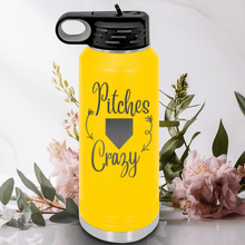 Load image into Gallery viewer, Yellow Baseball Water Bottle With Playful Pitch Madness Design
