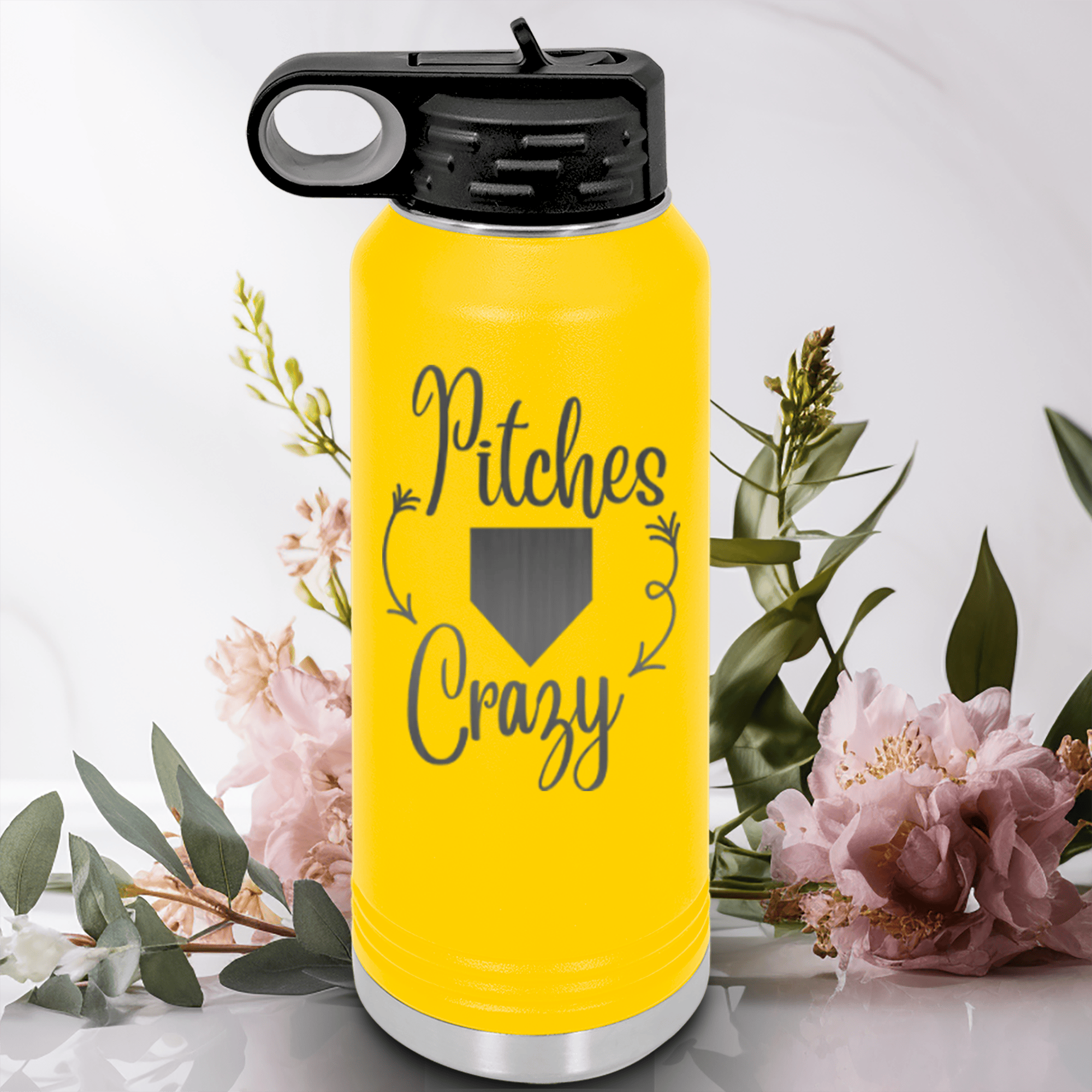 Yellow Baseball Water Bottle With Playful Pitch Madness Design
