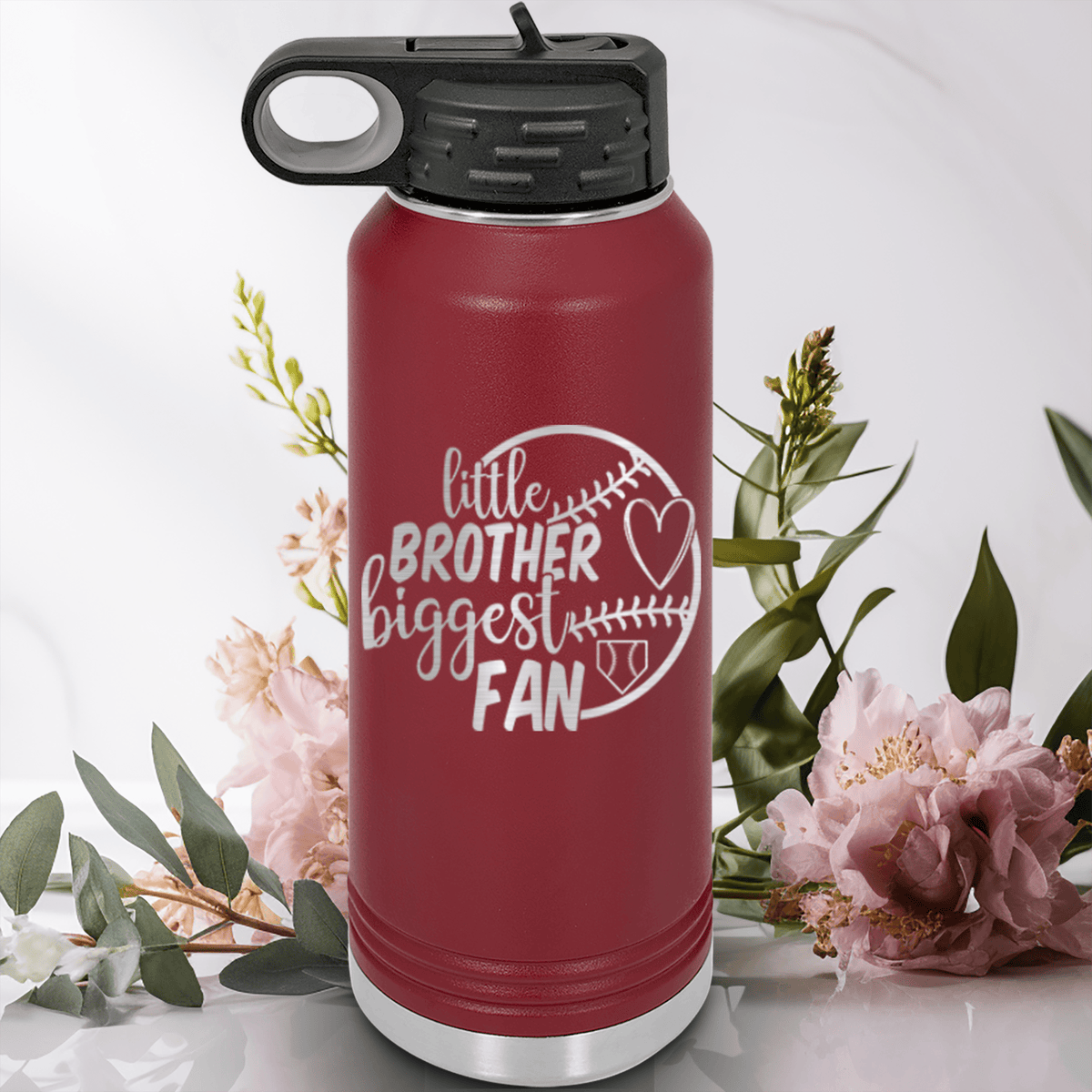 Maroon Baseball Water Bottle With Proud Baseball Sibling Design