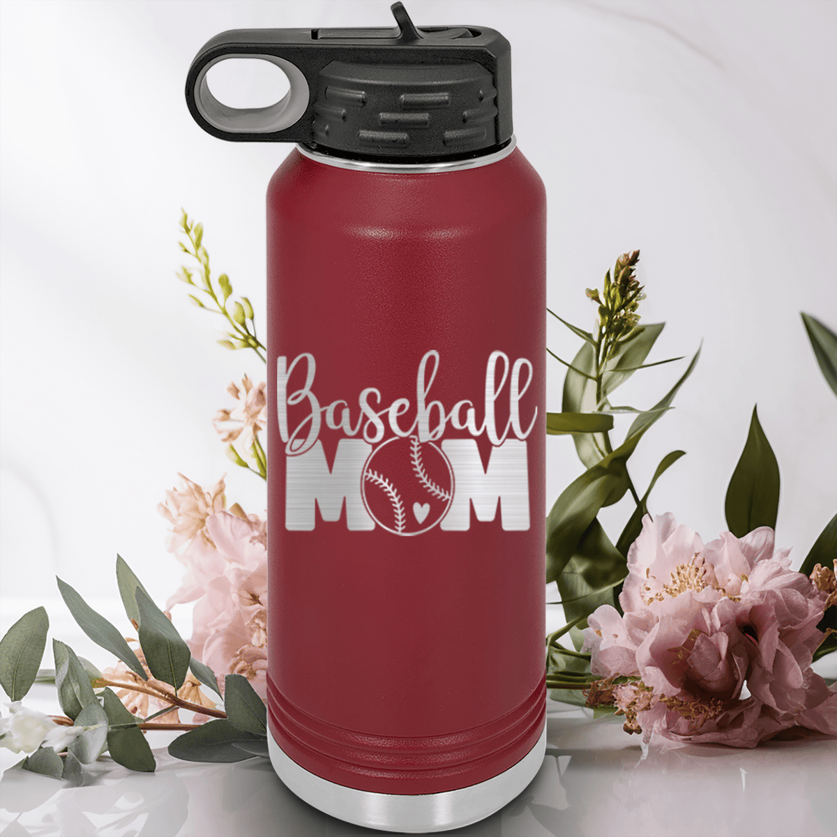 Maroon Baseball Water Bottle With Queen Of The Bleachers Baseball Design