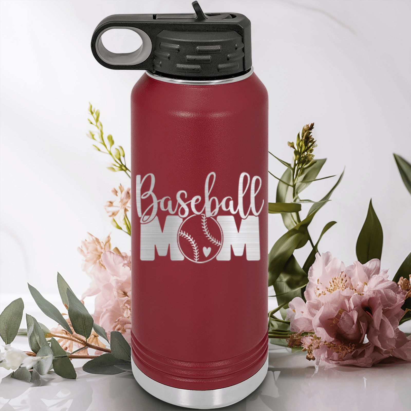 Maroon Baseball Water Bottle With Queen Of The Bleachers Baseball Design