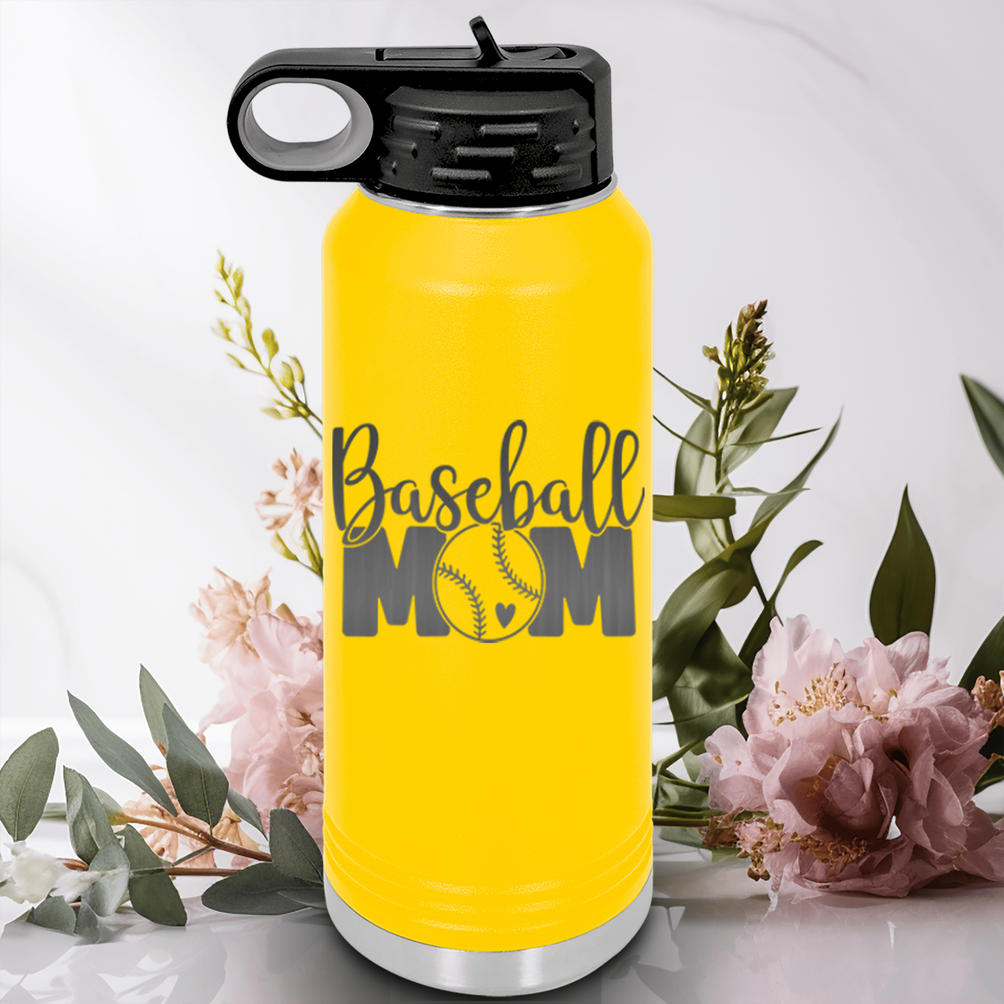 Yellow Baseball Water Bottle With Queen Of The Bleachers Baseball Design