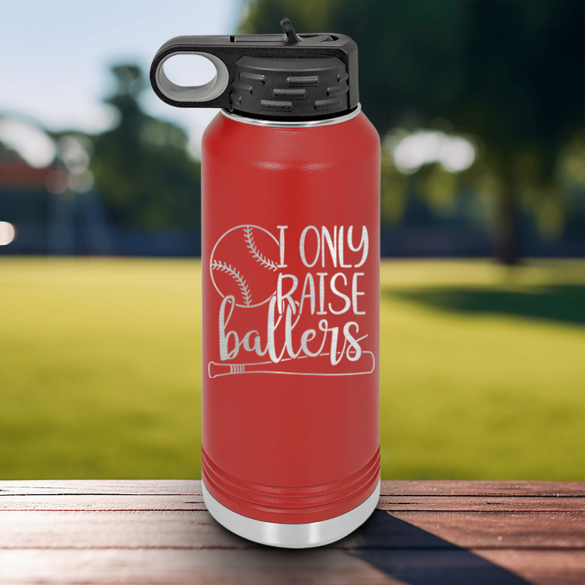 Red Baseball Water Bottle With Raising Future Mvps Design