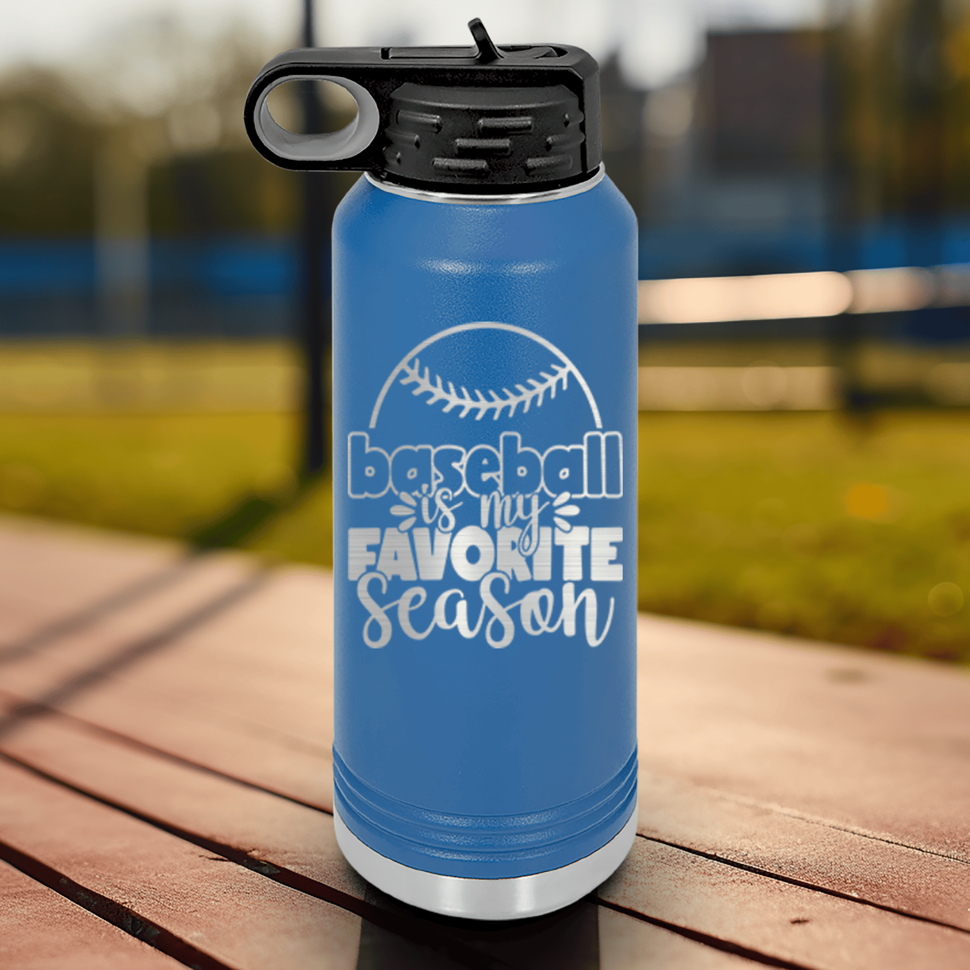 Blue Baseball Water Bottle With Season Of Home Runs Design