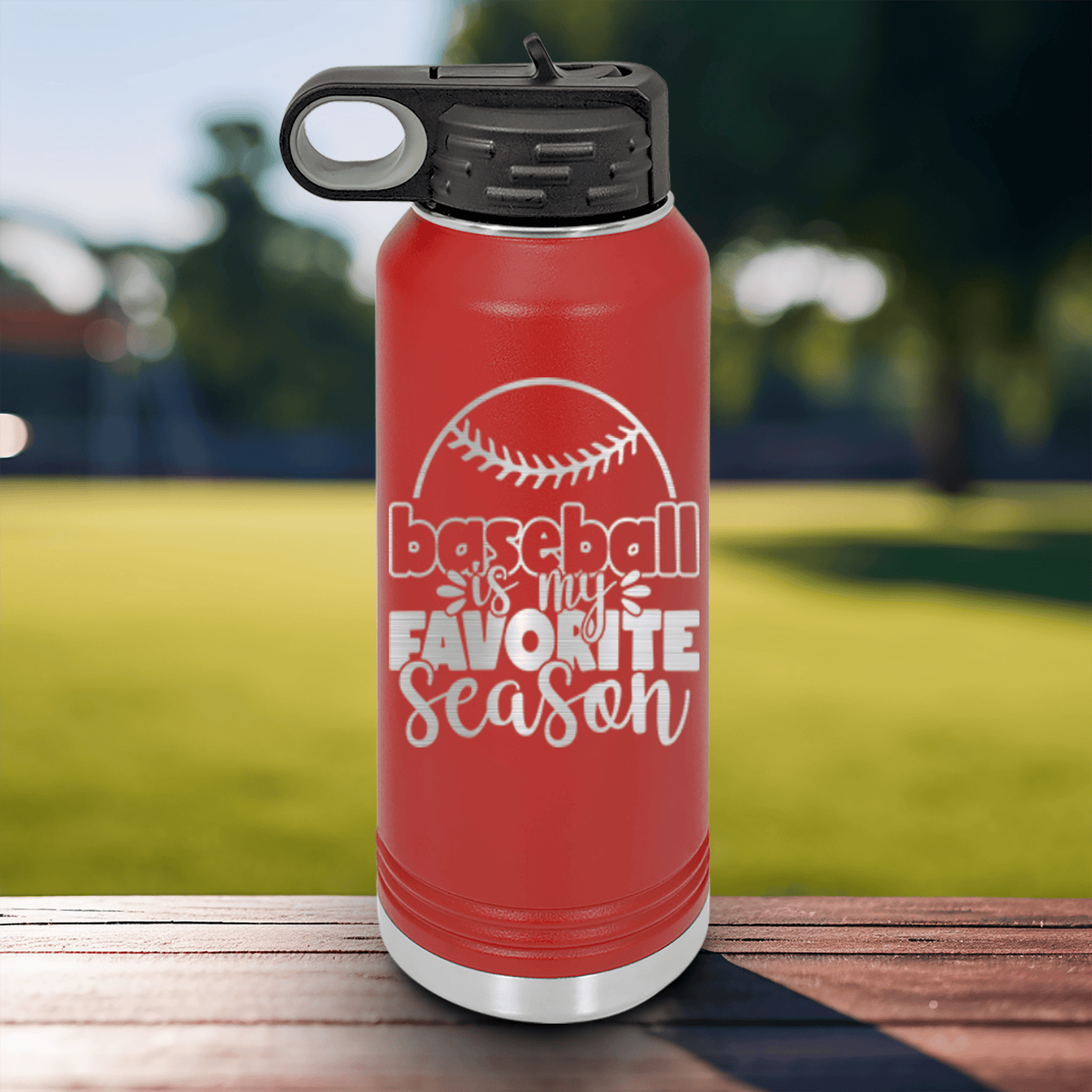 Red Baseball Water Bottle With Season Of Home Runs Design