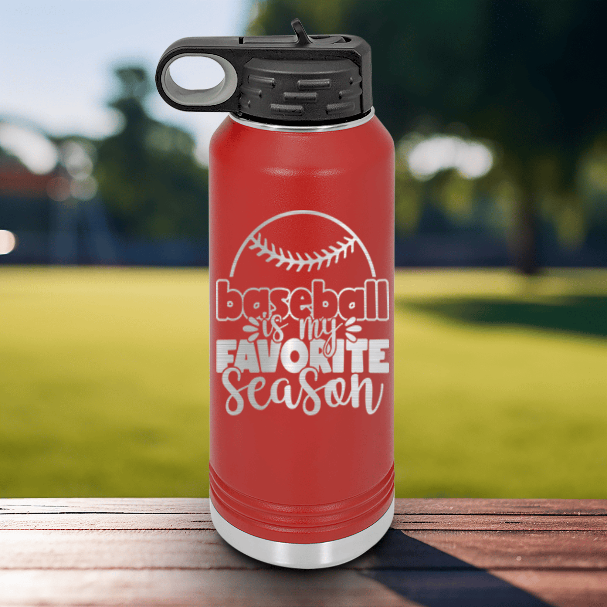 Red Baseball Water Bottle With Season Of Home Runs Design