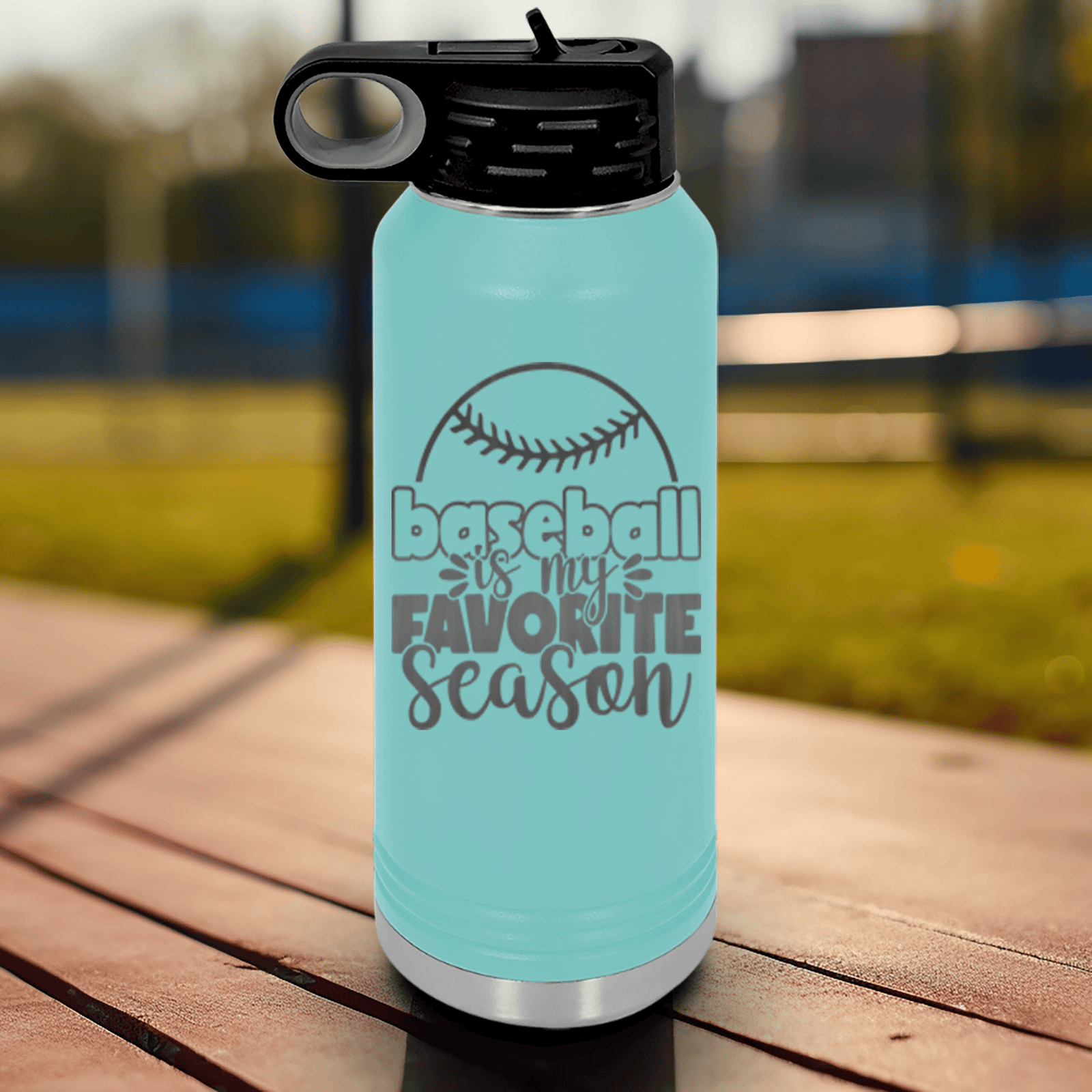 Teal Baseball Water Bottle With Season Of Home Runs Design