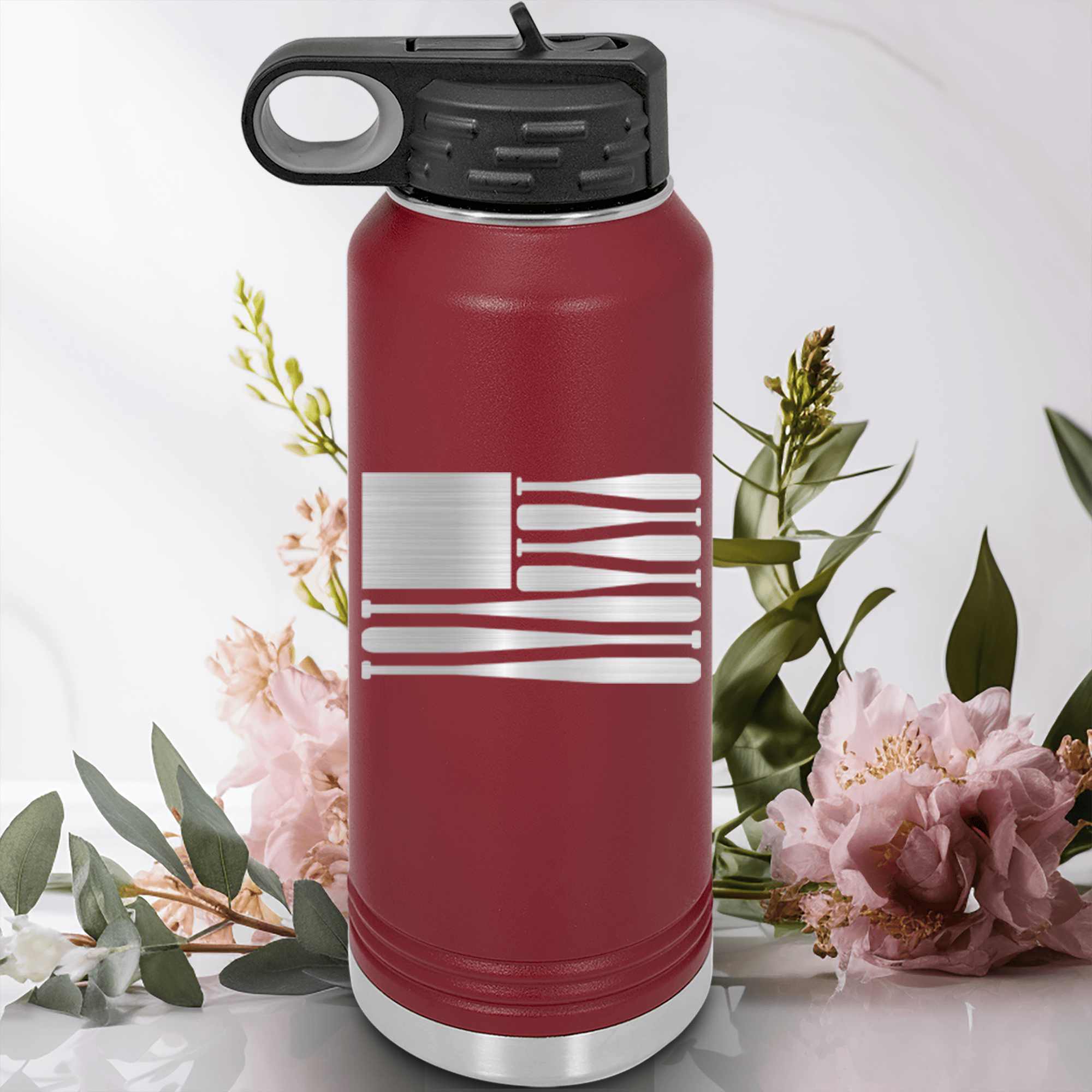 Maroon Baseball Water Bottle With Star Spangled Bats Design