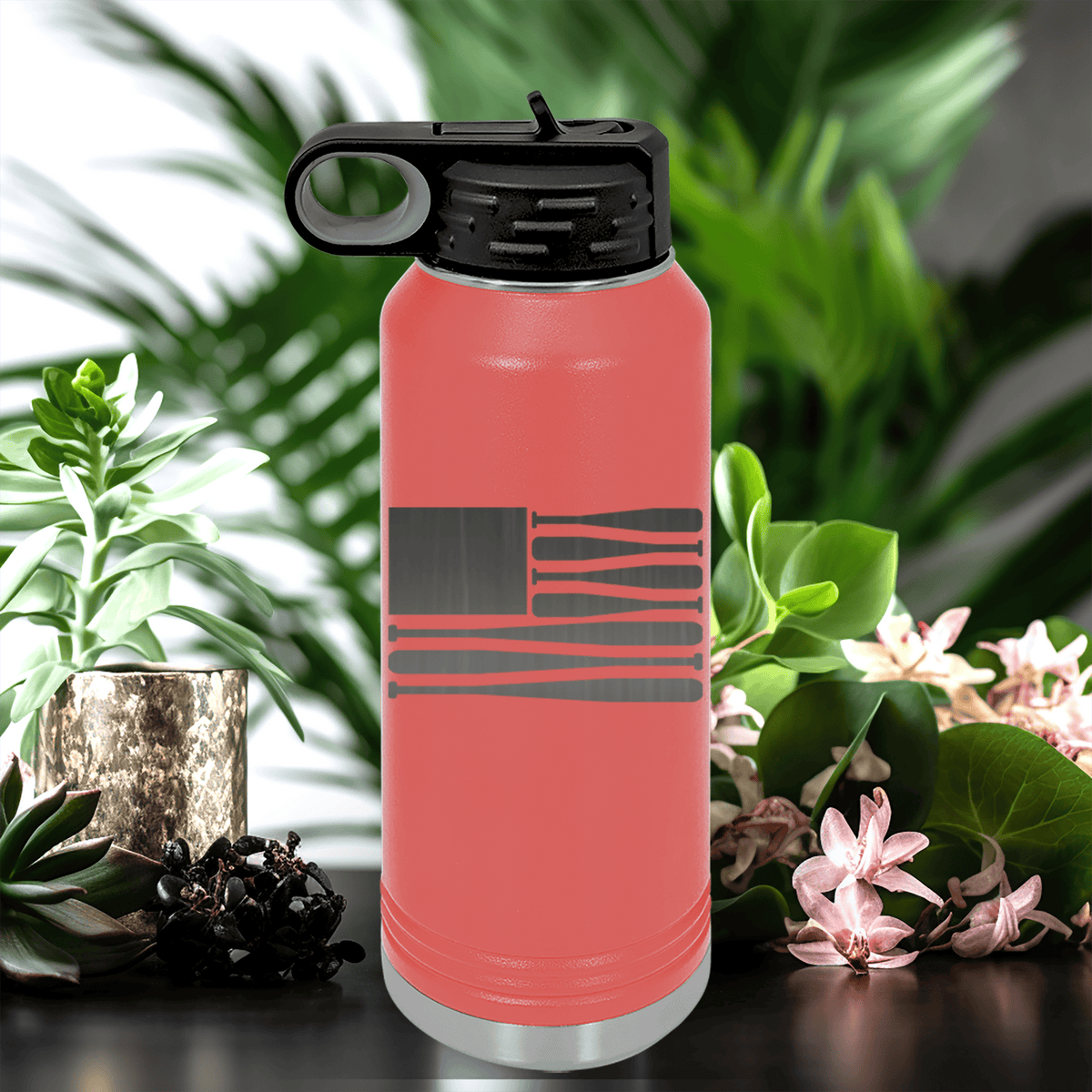 Salmon Baseball Water Bottle With Star Spangled Bats Design