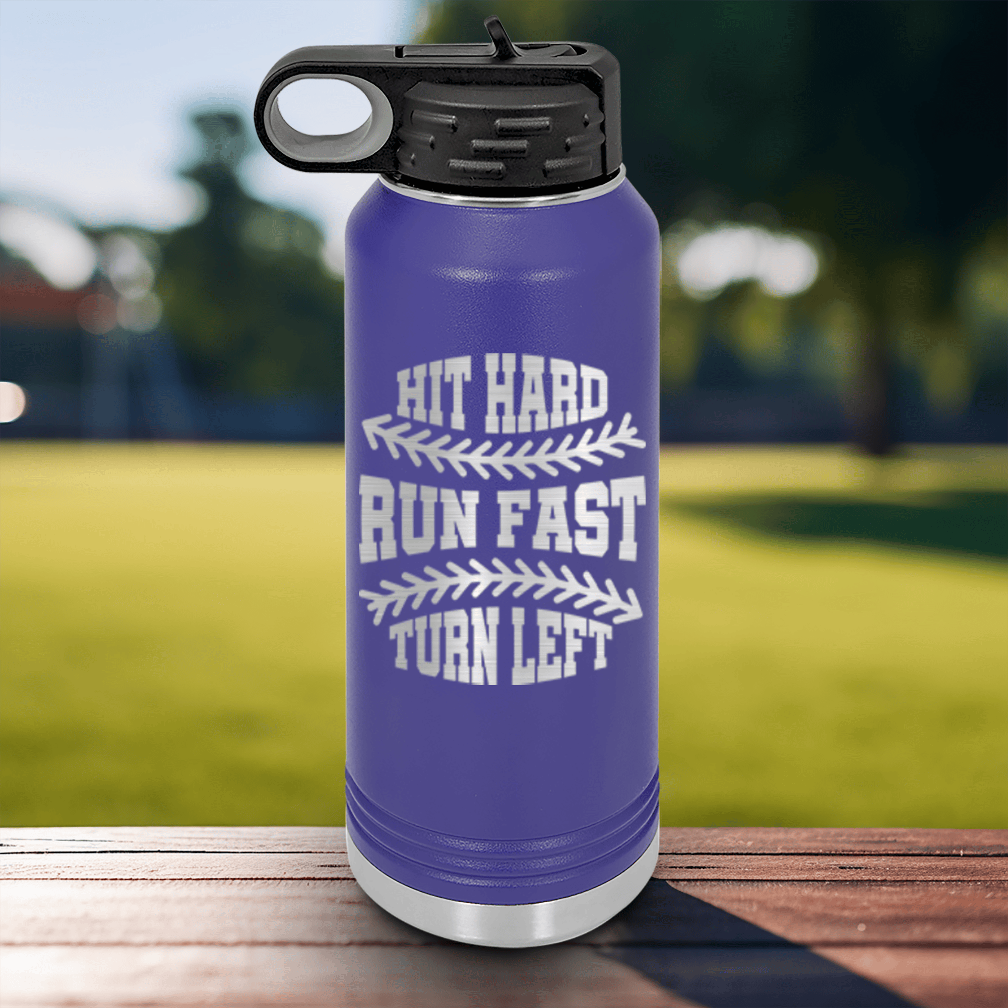 Purple Baseball Water Bottle With Swing For The Fences Design