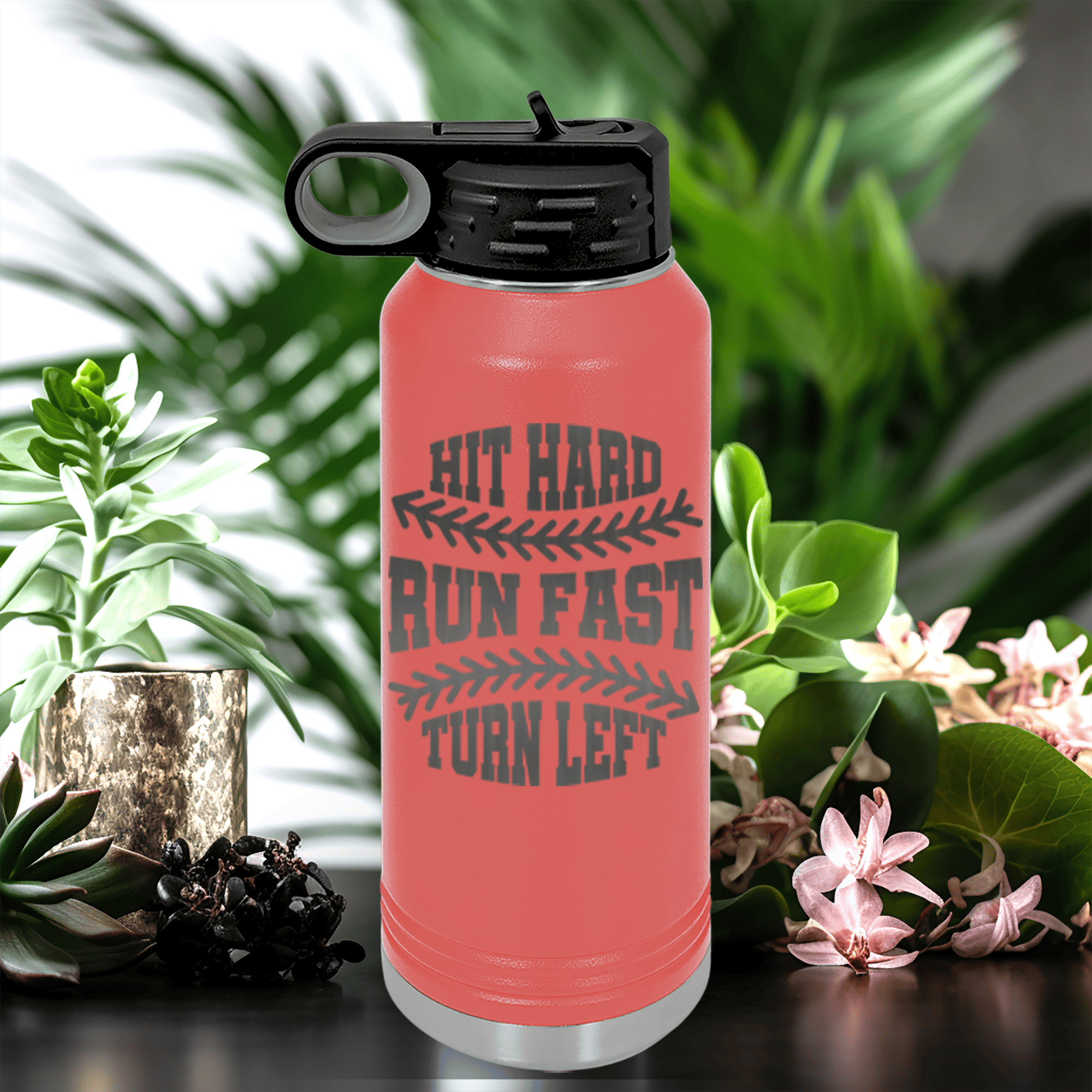 Salmon Baseball Water Bottle With Swing For The Fences Design