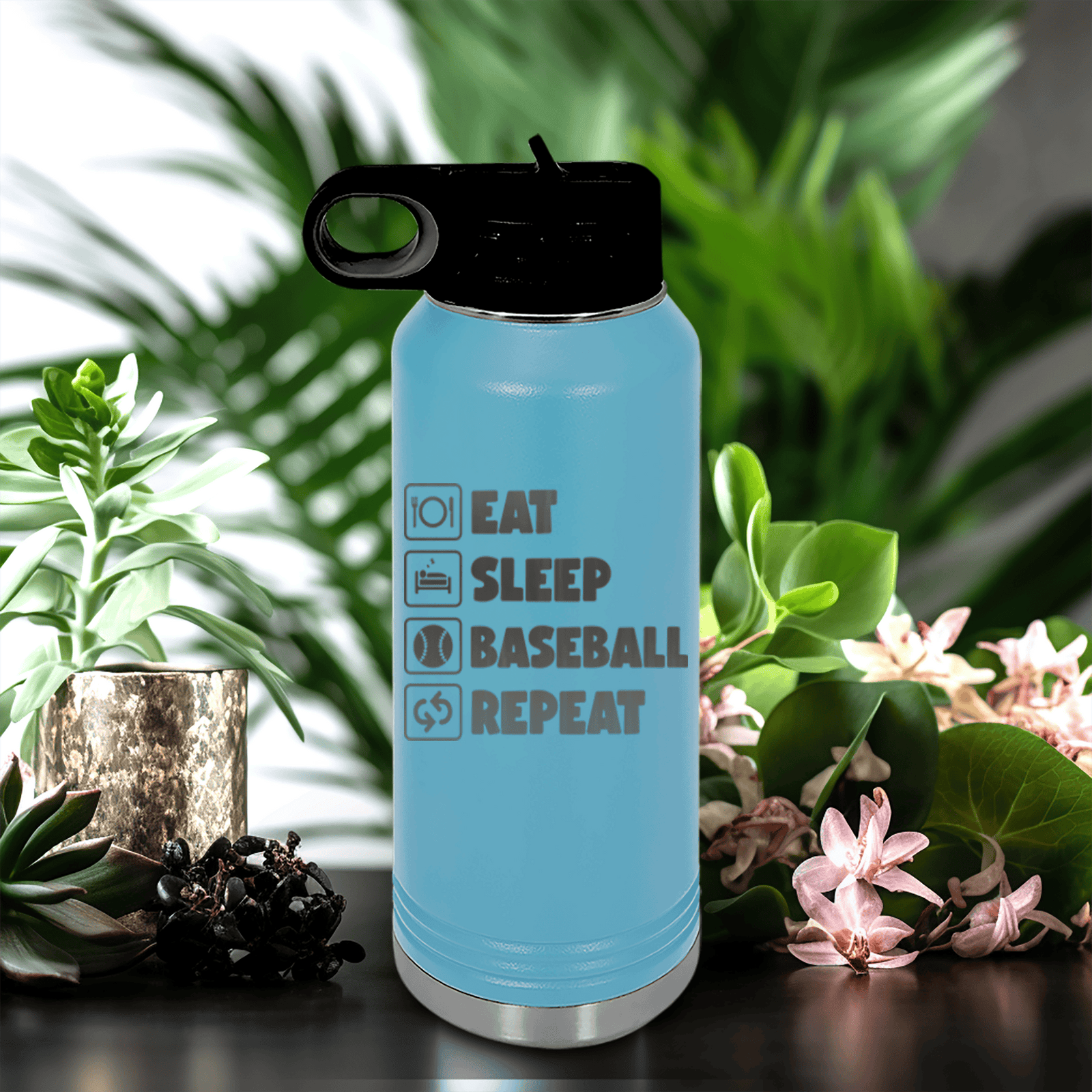Light Blue Baseball Water Bottle With The Baseball Routine Design