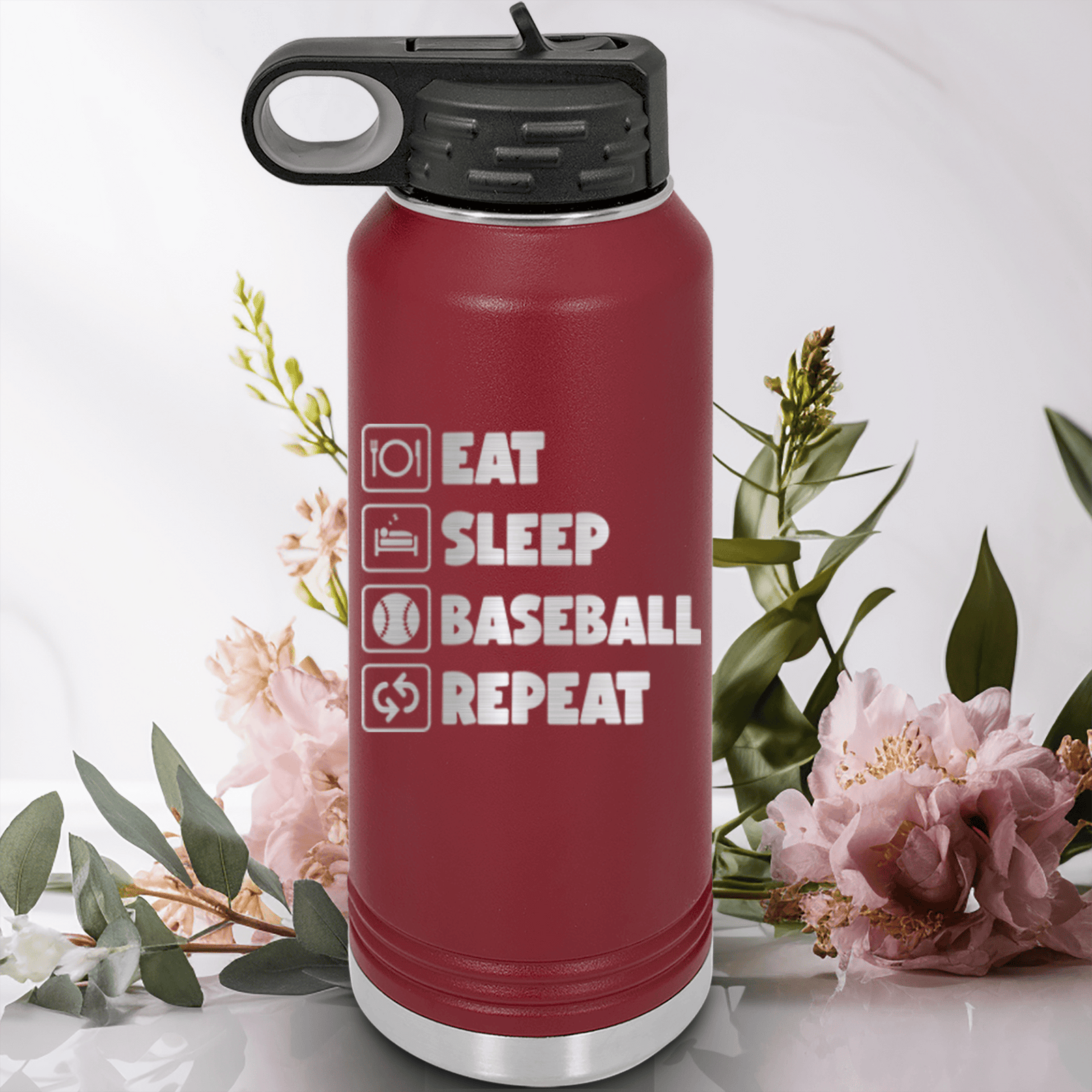 Maroon Baseball Water Bottle With The Baseball Routine Design