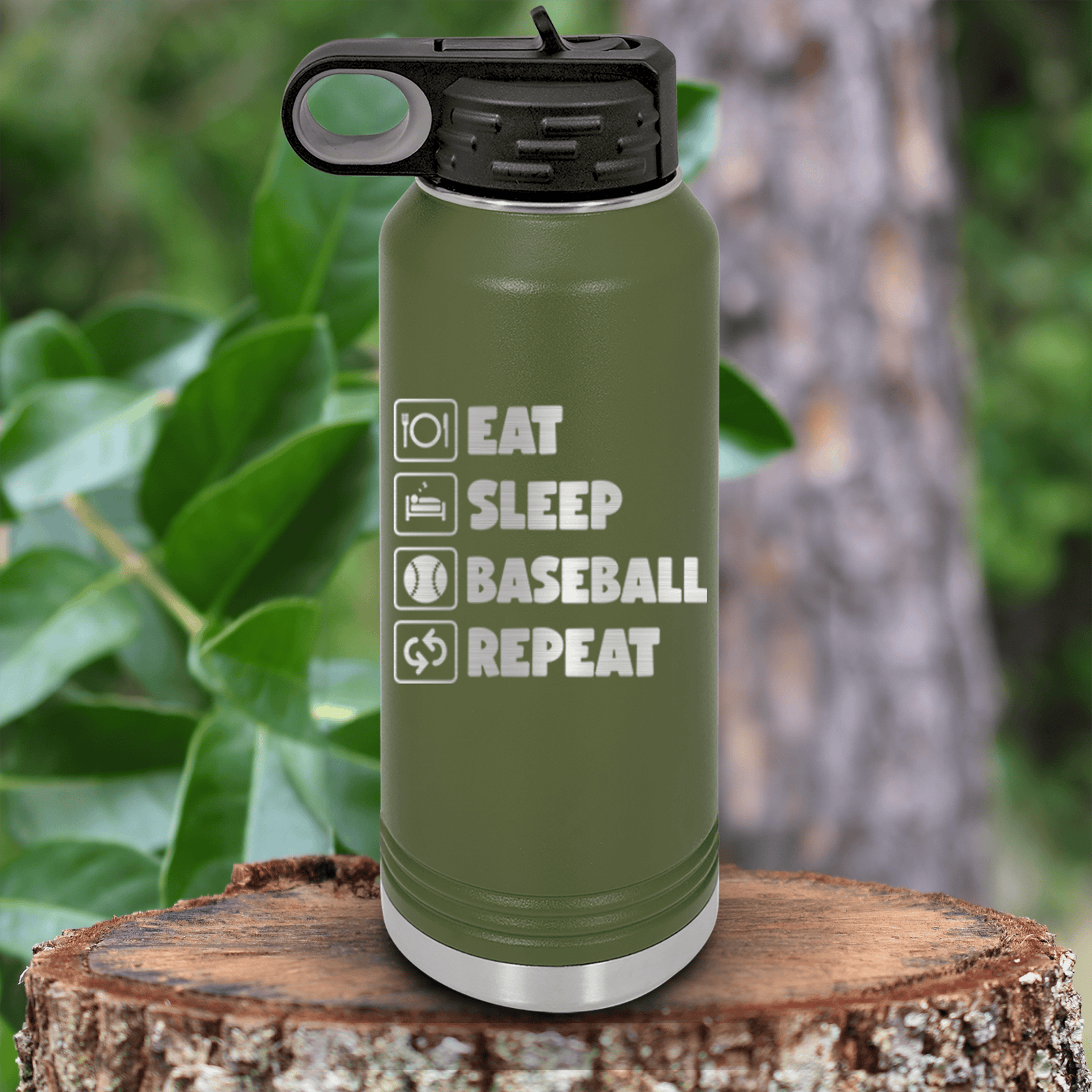 Military Green Baseball Water Bottle With The Baseball Routine Design