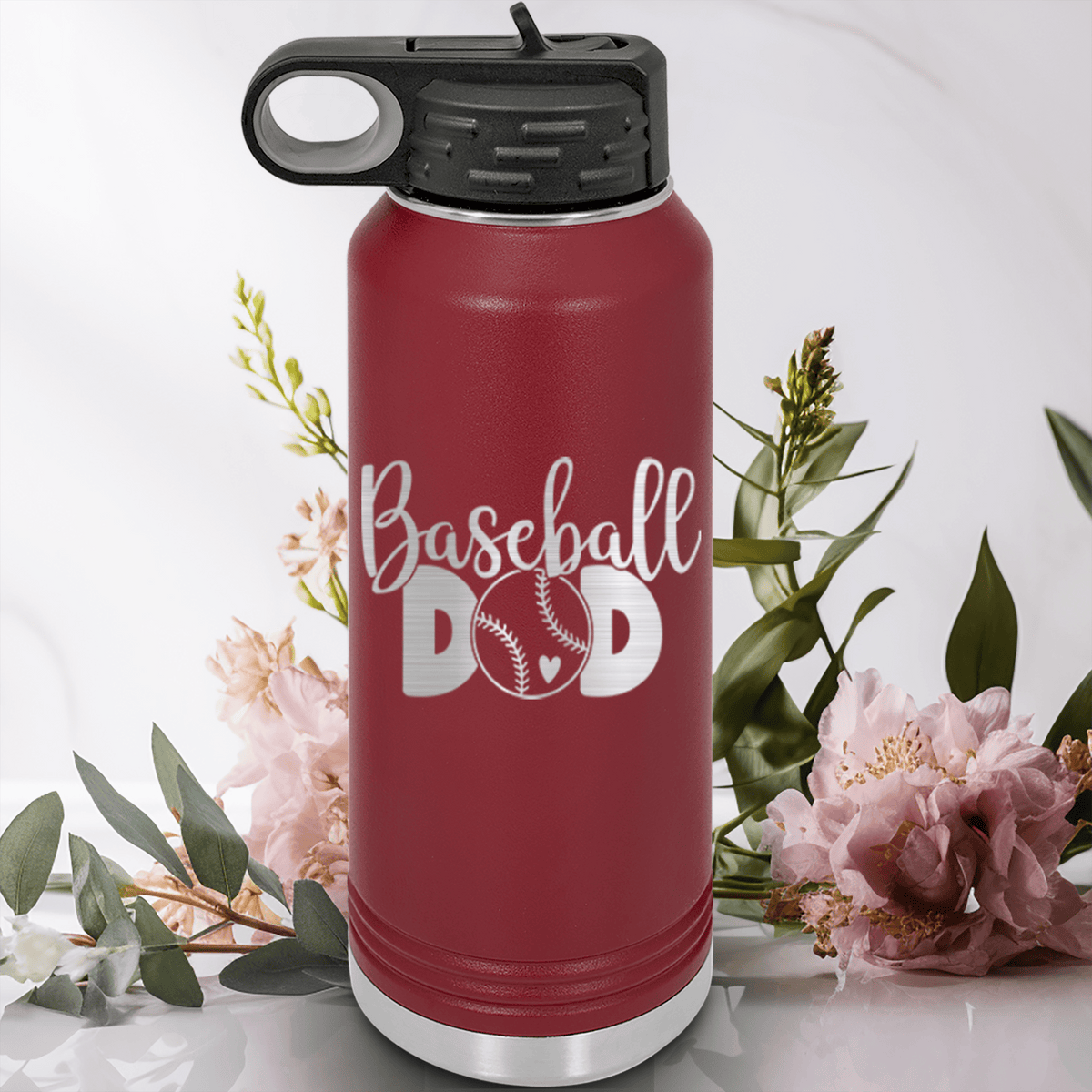 Maroon Baseball Water Bottle With Ultimate Baseball Father Design