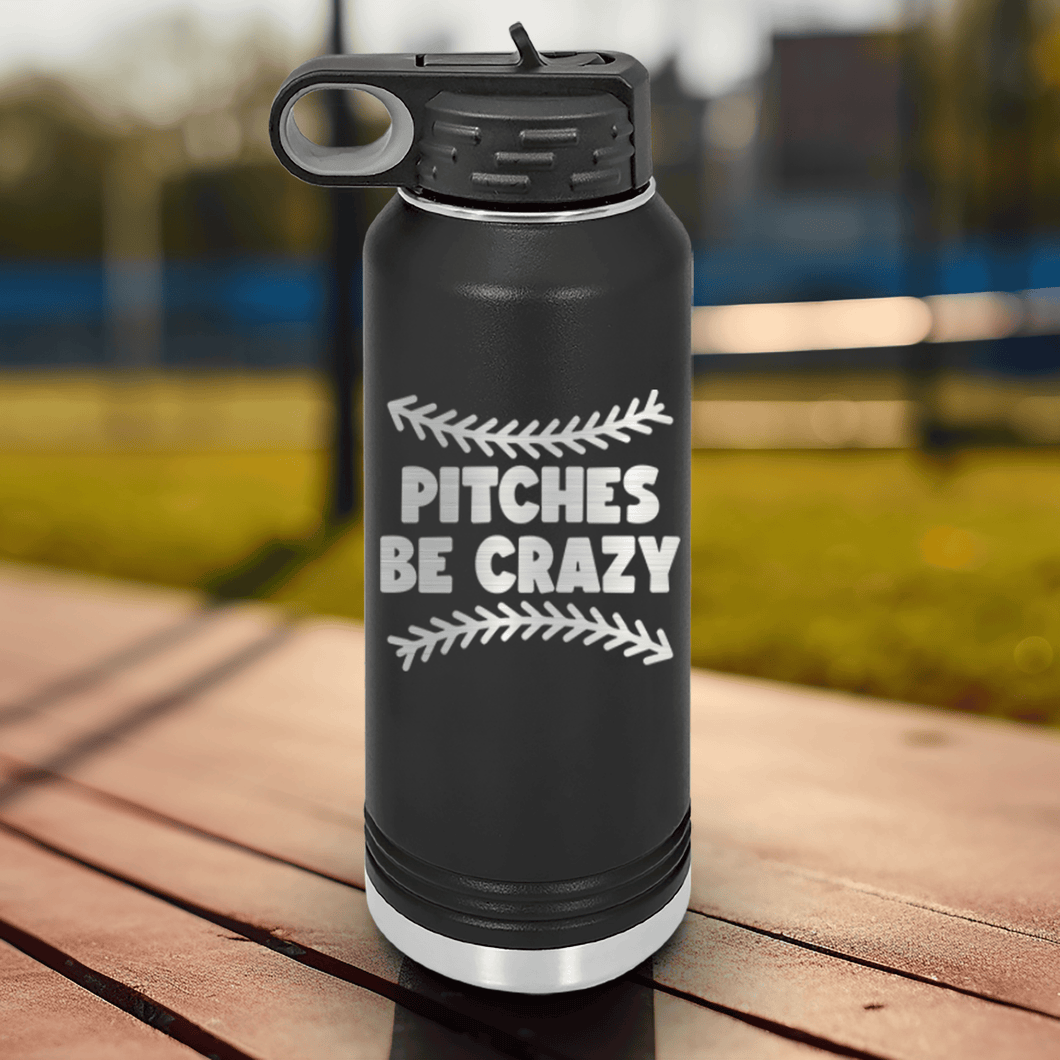 Black Baseball Water Bottle With Unpredictable Pitches Design