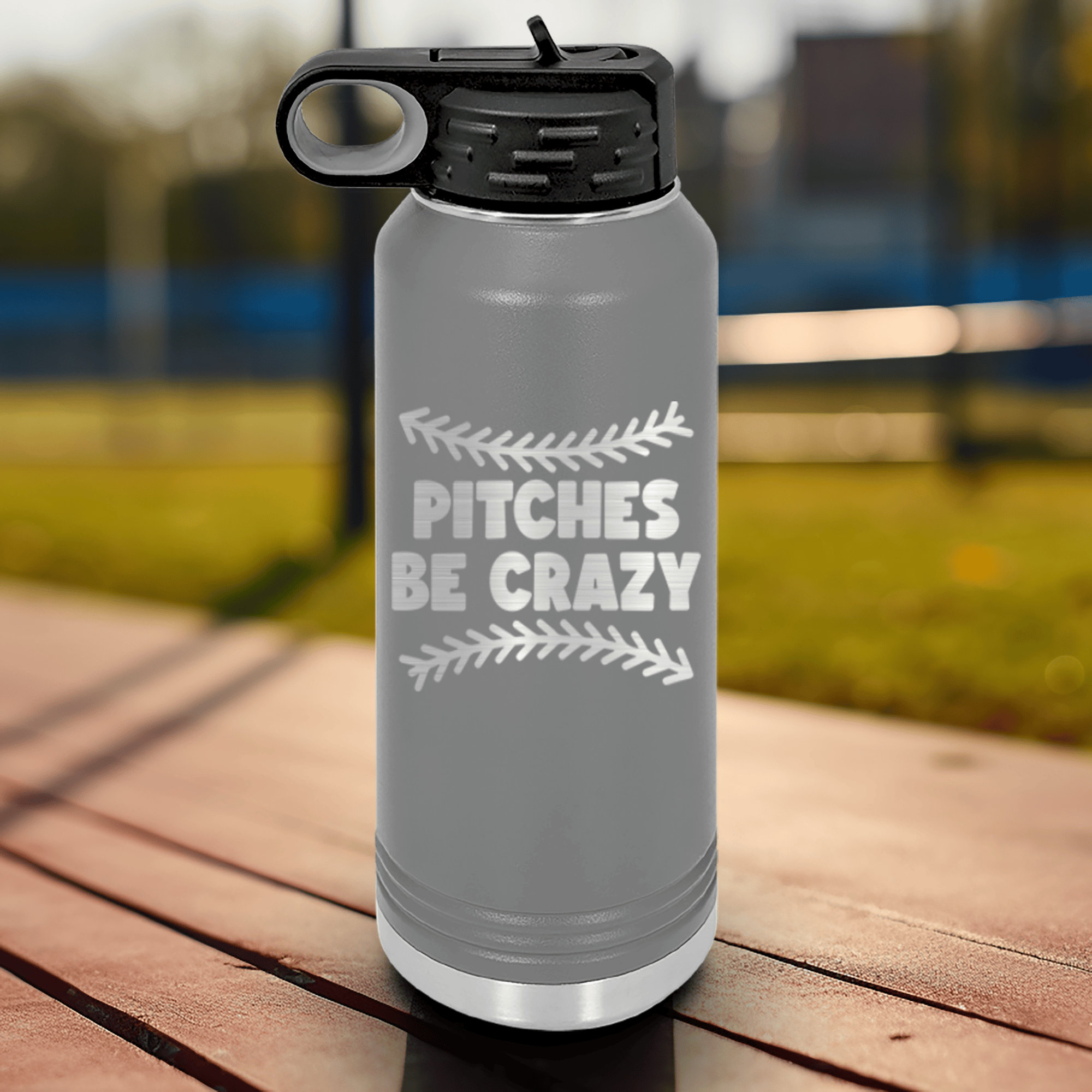 Grey Baseball Water Bottle With Unpredictable Pitches Design