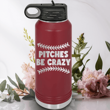 Load image into Gallery viewer, Maroon Baseball Water Bottle With Unpredictable Pitches Design
