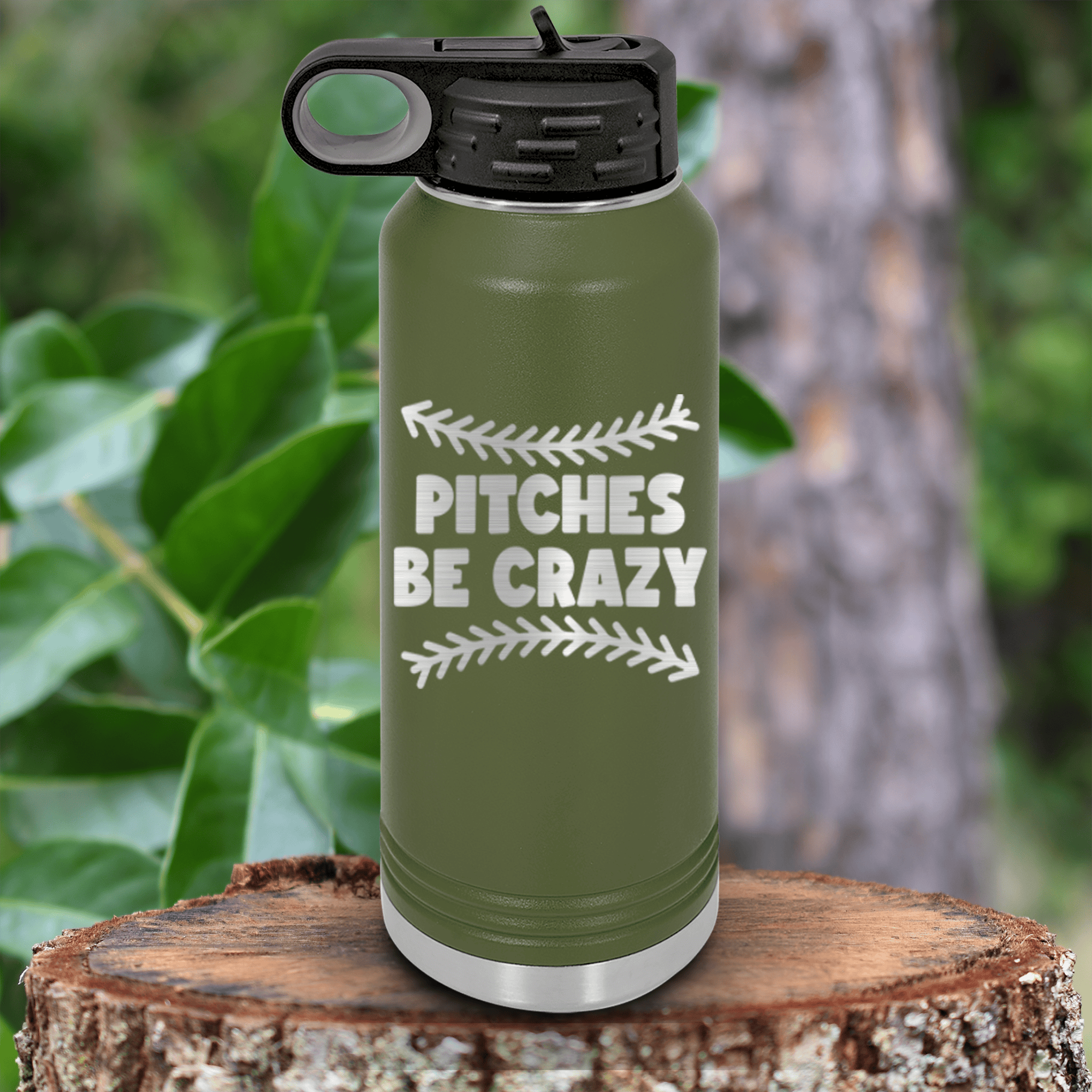 Military Green Baseball Water Bottle With Unpredictable Pitches Design