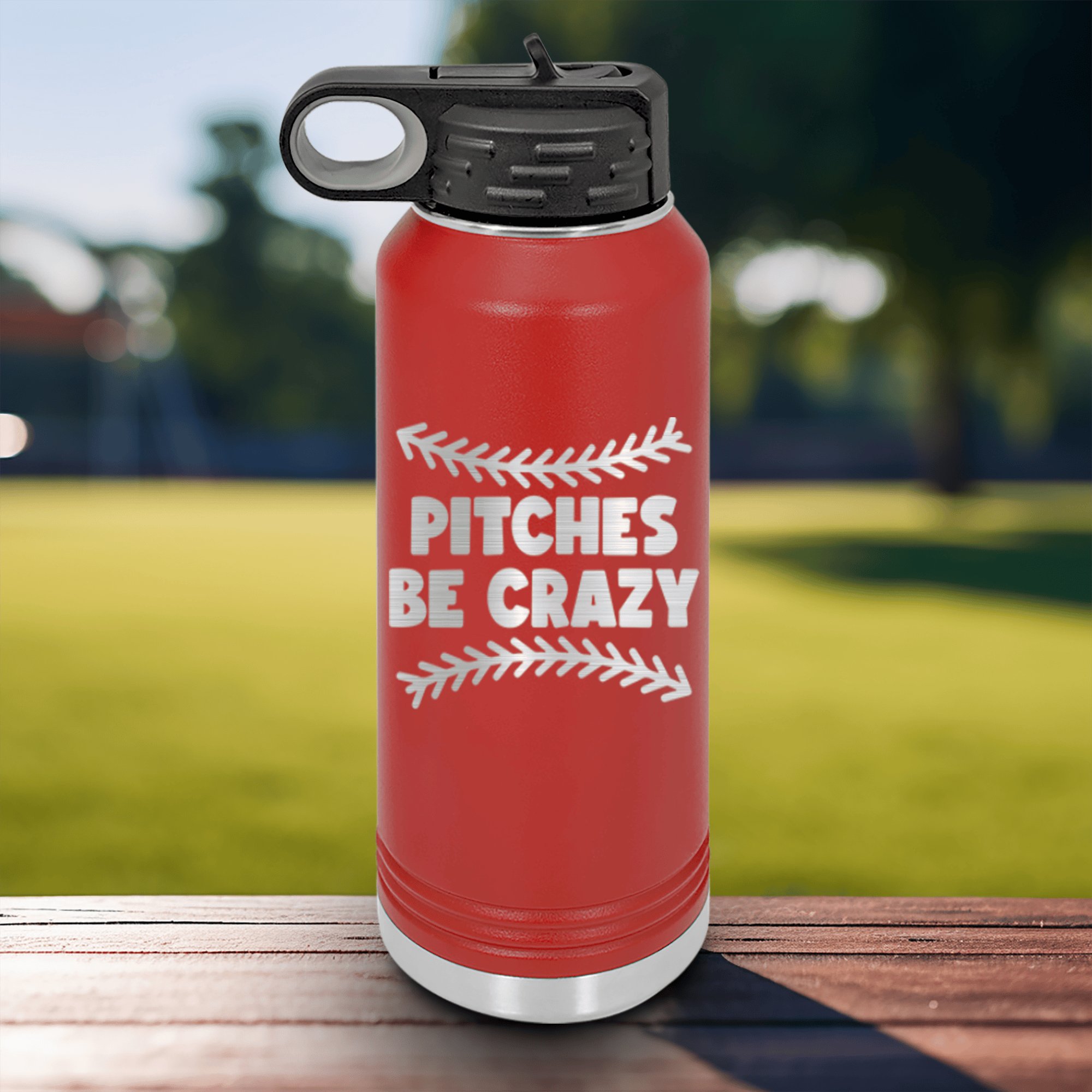 Red Baseball Water Bottle With Unpredictable Pitches Design
