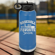 Load image into Gallery viewer, Blue Baseball Water Bottle With When Bats Swing Hearts Sing Design
