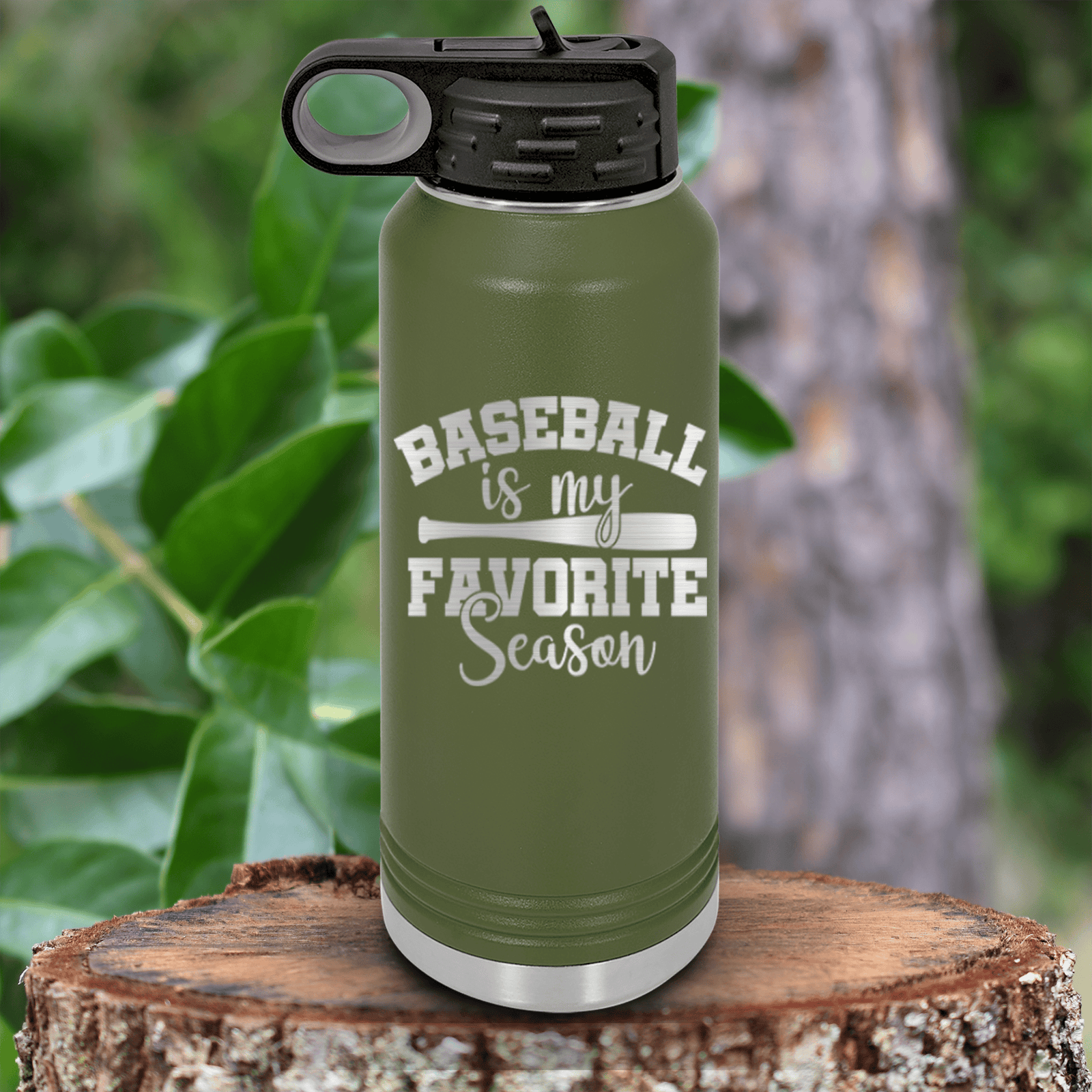 Military Green Baseball Water Bottle With When Bats Swing Hearts Sing Design