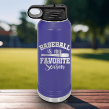 Load image into Gallery viewer, Purple Baseball Water Bottle With When Bats Swing Hearts Sing Design
