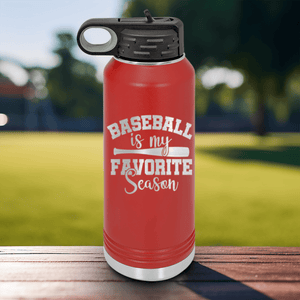 Red Baseball Water Bottle With When Bats Swing Hearts Sing Design
